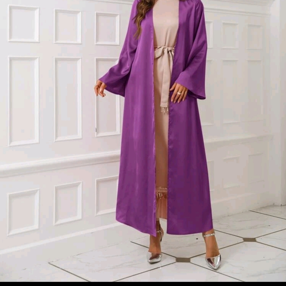Satin bell sleeve open front abaya